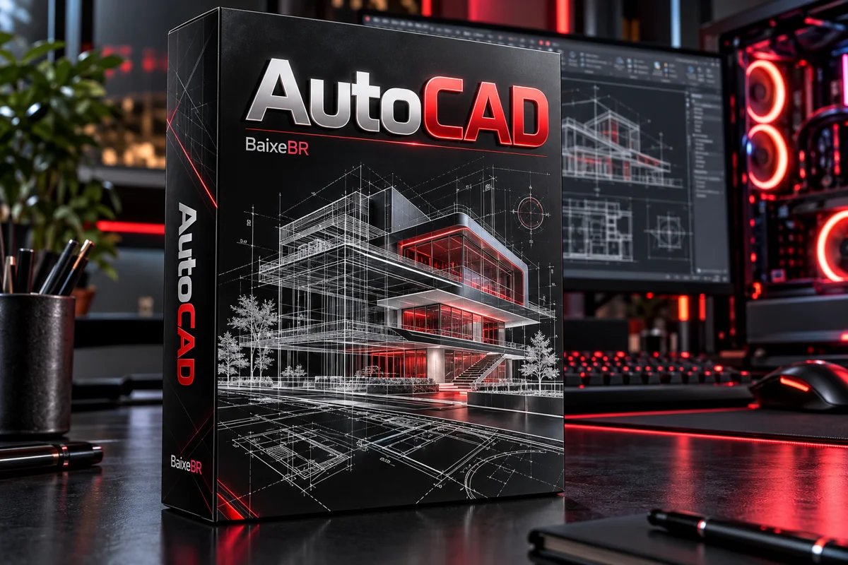 Caixa 3D ilustrativa de AutoCAD 2026 2027 em cenário tecnológico - BaixeBR