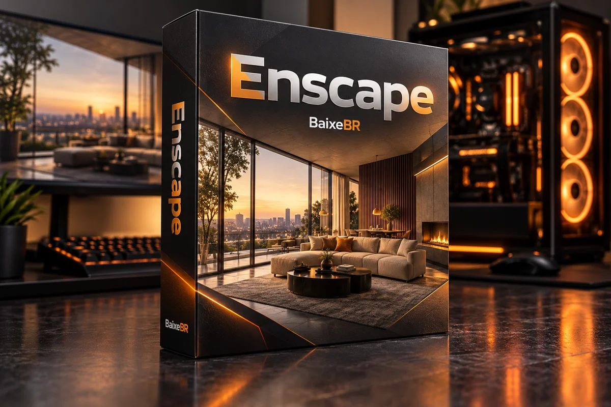 Caixa 3D ilustrativa de Enscape 2026 2027 em cenário tecnológico - BaixeBR
